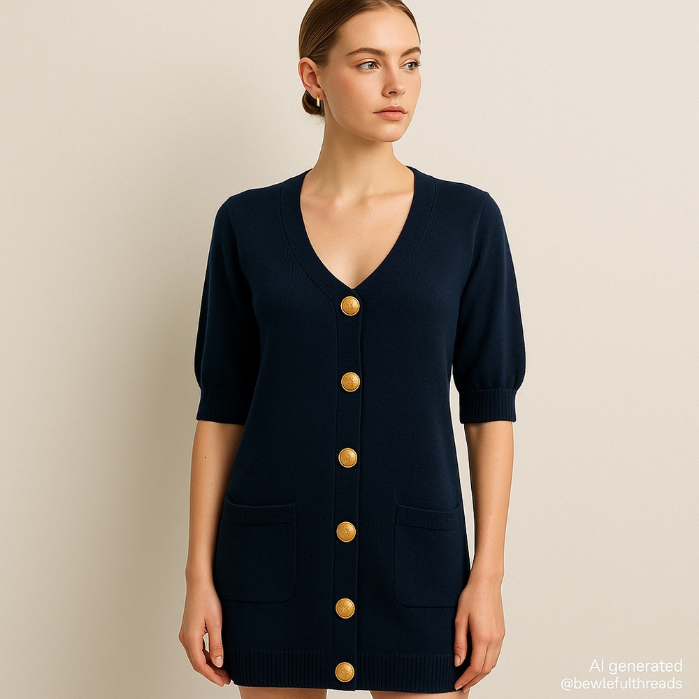 LANGE 36 Navy Wool Cashmere Cardigan Dress Gold Buttons Old Money Minimalist